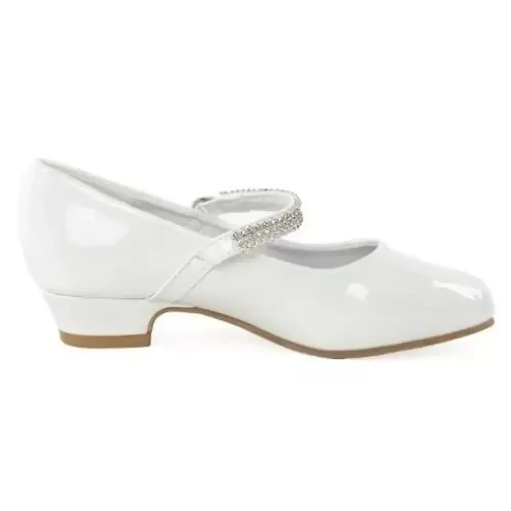 NEW Girl's Communion Dress Shoe-White/Patent Flat Shoe-Rhinestone Strap-Size 9T